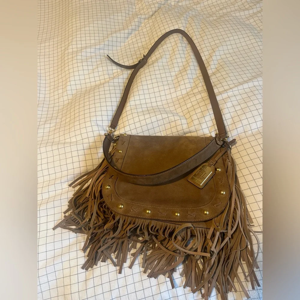 Lauren Ralph Lauren Beige Suede Fringe Shoulder Bag - Picture 8 of 10